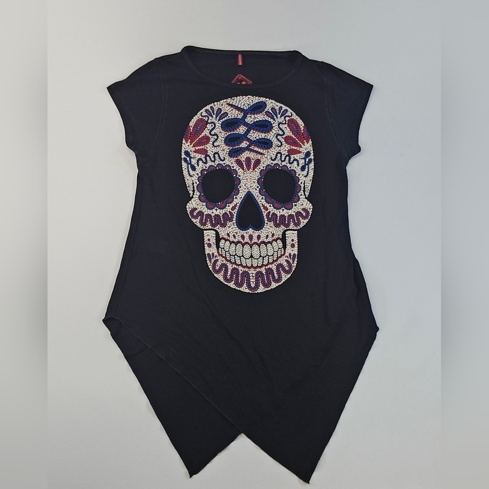 AyGuey! Womens Medium Sugar Skull T Shirt Black Scoop Neck Cap Sleeves
